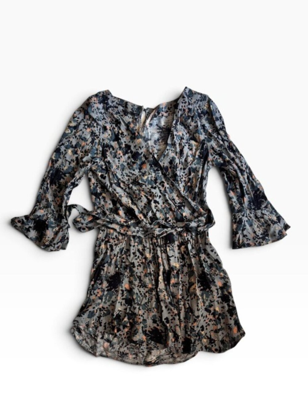 Free People Blue with Abstract Print Long Sleeve Wrap Mini Dress - S